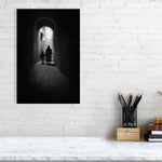 Monochrome photograph of a woman and child walking through a narrow alley under soft daylight. The scene evokes quiet observation and documentary calm — a defining image for the visual tone of Dustlight Archive.