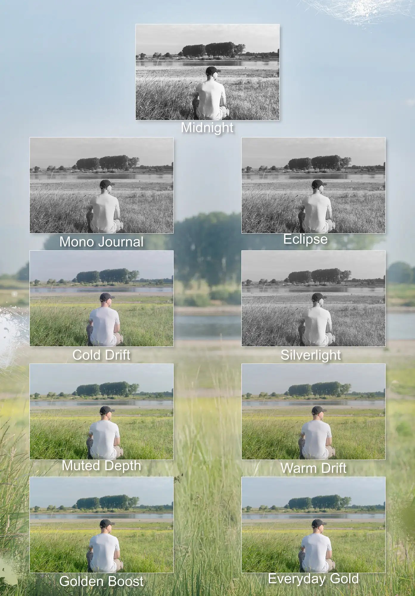 Overview of all Truelight photo presets from the Creator Bundle showing 10 variations of the same image. Includes Midnight, Mono Journal, Eclipse, Cold Drift, Silverlight, Muted Depth, Warm Drift, Golden Boost, and Everyday Gold.