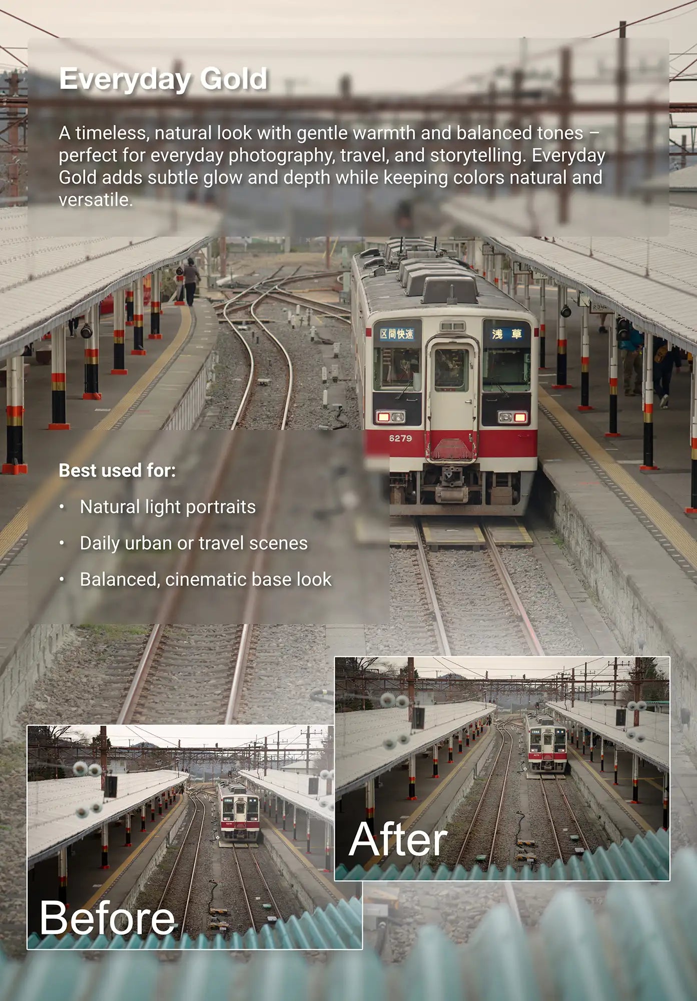 Before-and-after example of the Truelight “Everyday Gold” photo preset showing a train at a platform. Adds gentle warmth, balanced tones, and cinematic depth to everyday scenes.