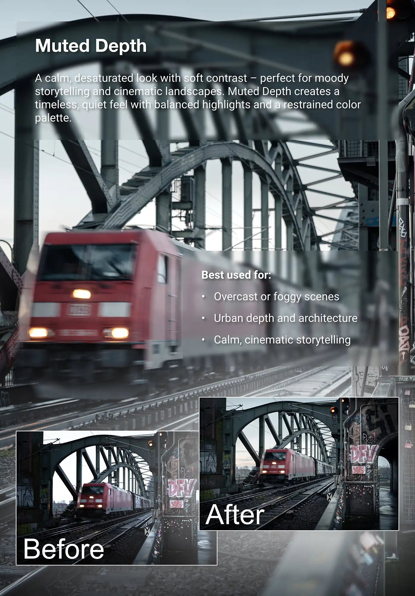 Before-and-after example of the Truelight “Muted Depth” photo preset showing a red train crossing a steel bridge. The preset softens contrast and reduces saturation to create a calm, cinematic atmosphere.