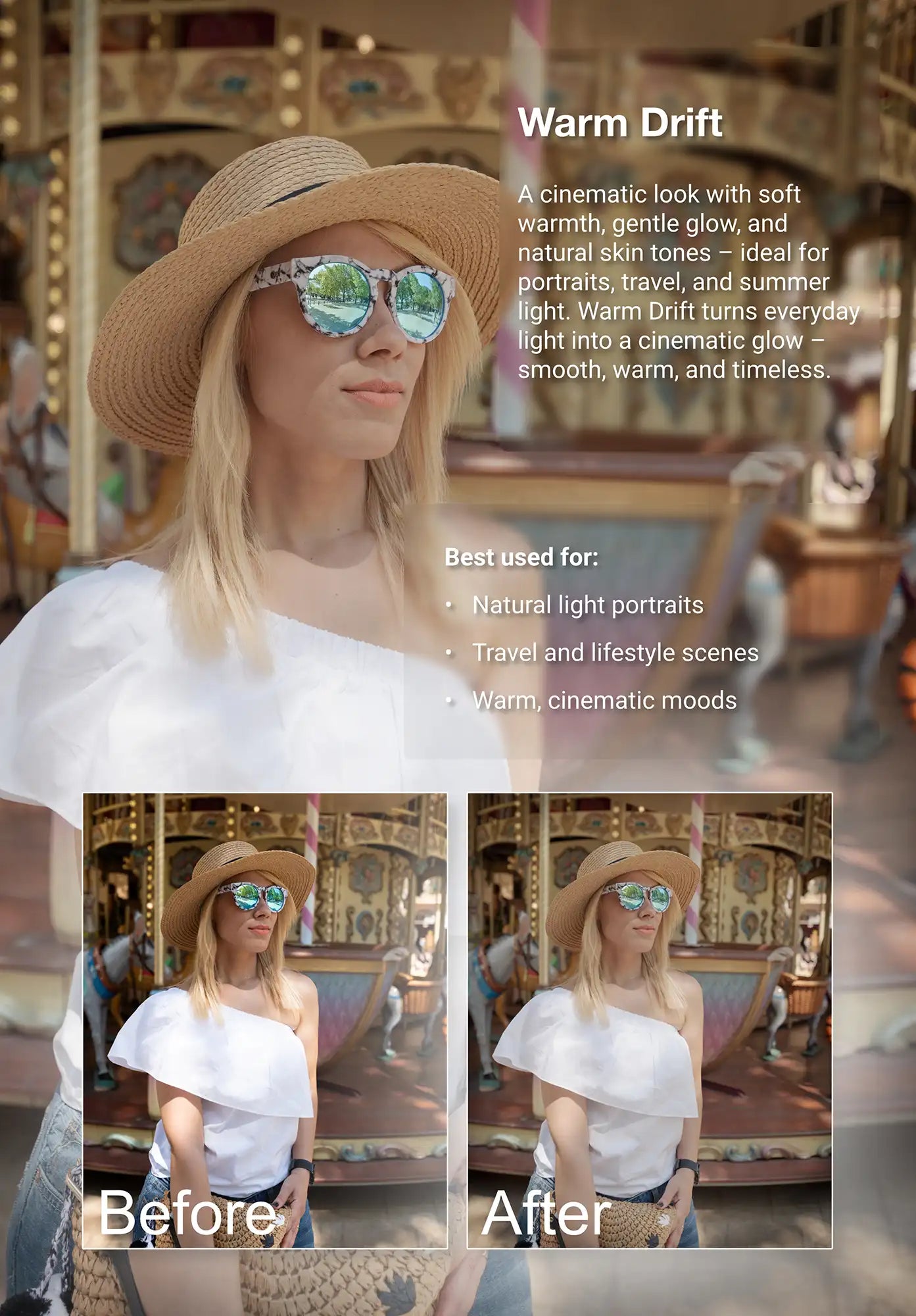 Before-and-after example of the Truelight “Warm Drift” photo preset showing a daylight portrait in front of a carousel. Adds cinematic warmth, soft glow, and natural skin tones.