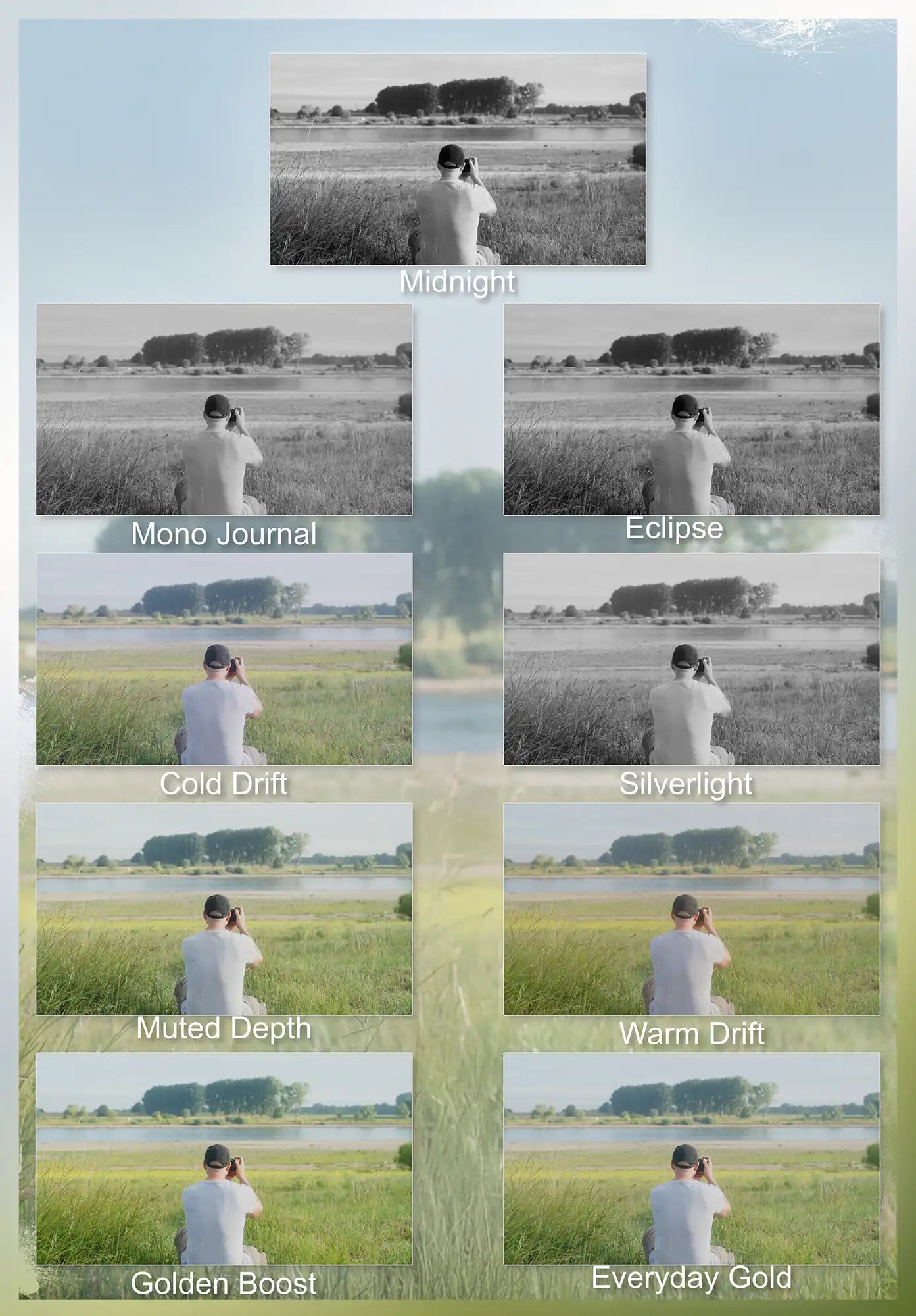 Overview of all Truelight Creator Pack video LUTs – Midnight, Mono Journal, Eclipse, Cold Drift, Silverlight, Muted Depth, Warm Drift, Golden Boost, and Everyday Gold – showing cinematic grading variations from monochrome to warm and cool tones.