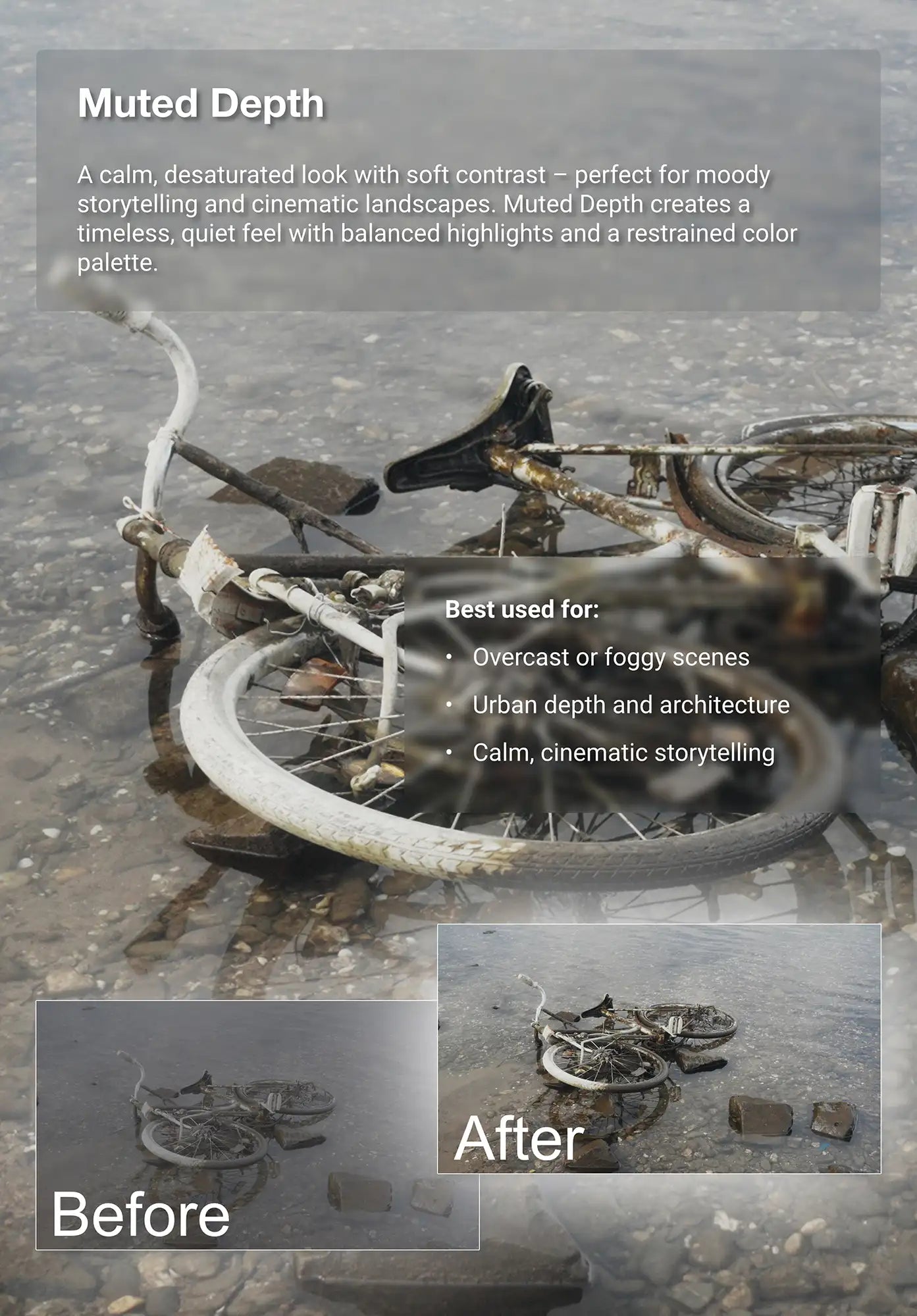 Before-and-after example of the Truelight “Muted Depth” video LUT showing a rusted bicycle underwater. Adds soft contrast, desaturated tones, and a calm cinematic mood for foggy or urban scenes.