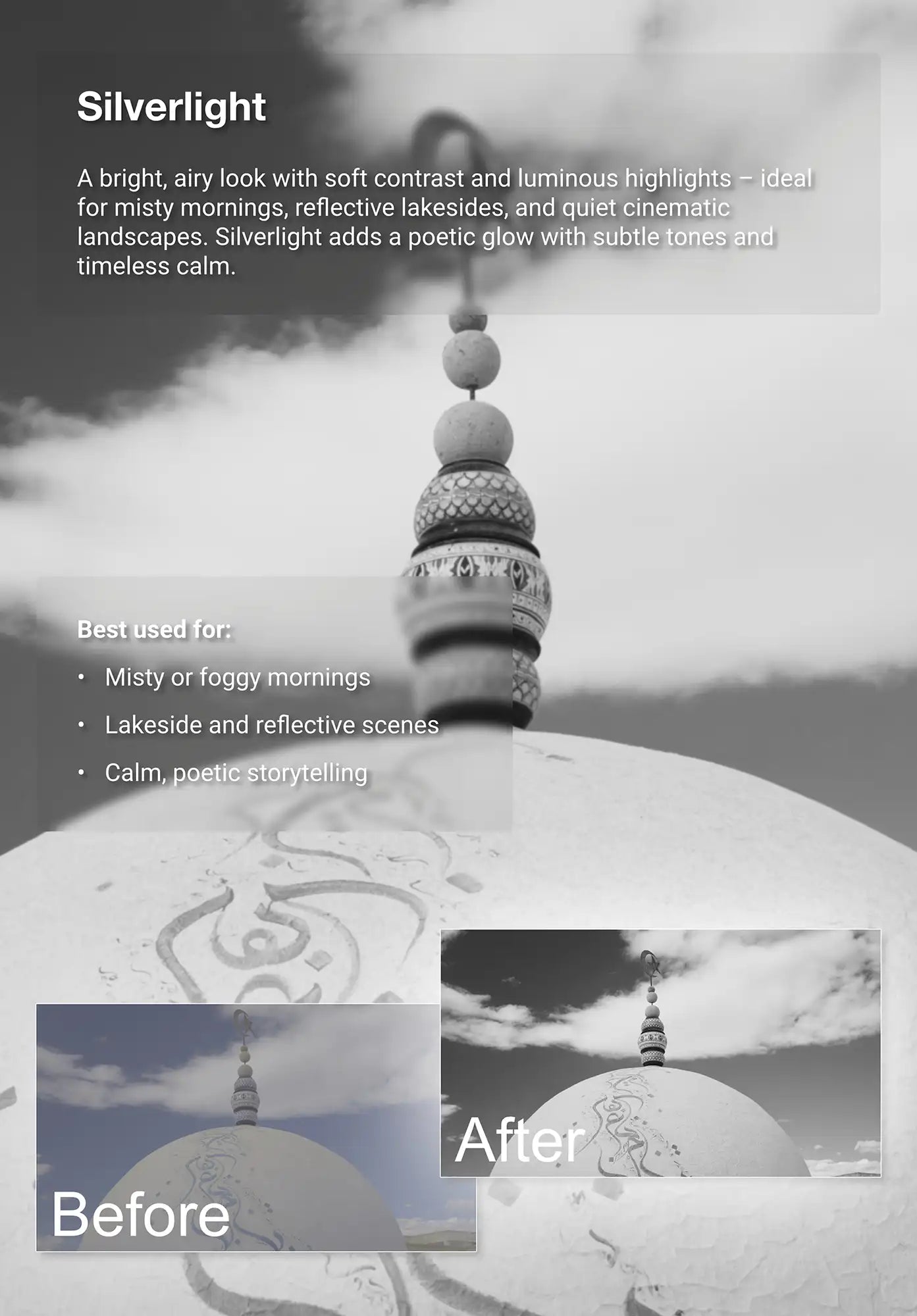 Before-and-after example of the Truelight “Silverlight” video LUT showing a domed building under a cloudy sky. Adds soft contrast, luminous highlights, and a calm, poetic cinematic tone.