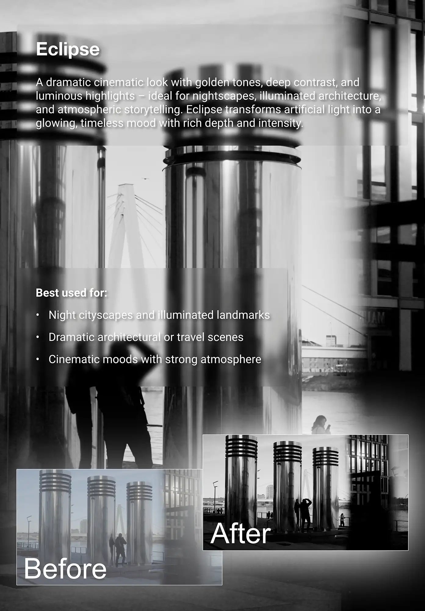 Before-and-after example of the Truelight “Eclipse” video LUT applied to a modern city scene. Adds strong contrast, golden cinematic tones, and glowing highlights for dramatic night and architecture visuals.