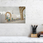 Photograph of a white dome with a crescent and star finial framed by stone arches and blue ceramic pots on a terrace in Tunisia. The scene captures calm Mediterranean architecture under a cloudy sky, emphasizing geometry, texture, and soft light.