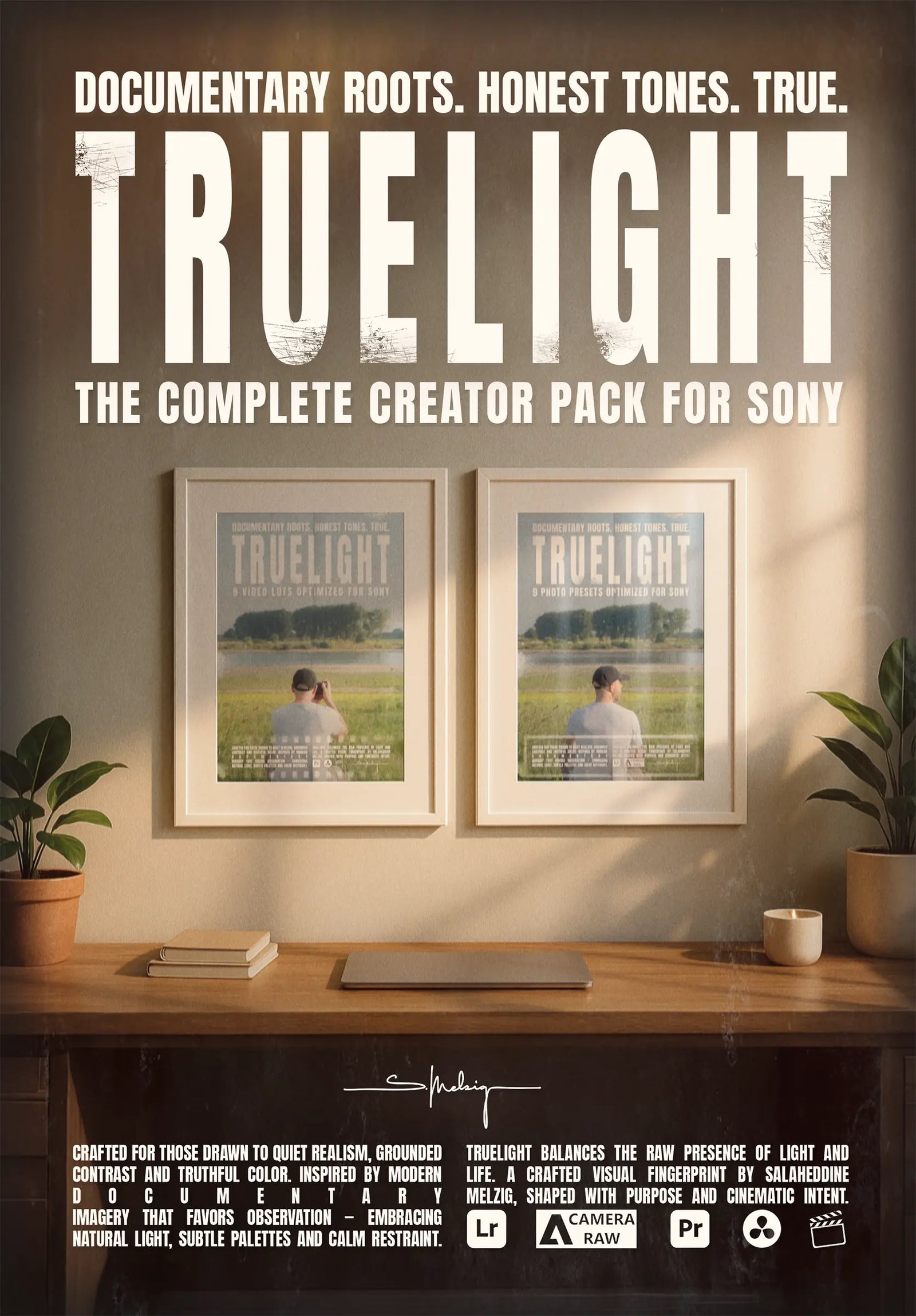 Cover image of the Truelight Creator Pack — a warm, cinematic desk scene featuring two framed prints on the wall, representing the Truelight Photo Presets and Video LUTs. Large text reads “TRUELIGHT – The Complete Creator Pack for Sony”, paired with the tagline “Documentary Roots. Honest Tones. True.” The scene conveys natural light, quiet realism, and refined creative intent.
