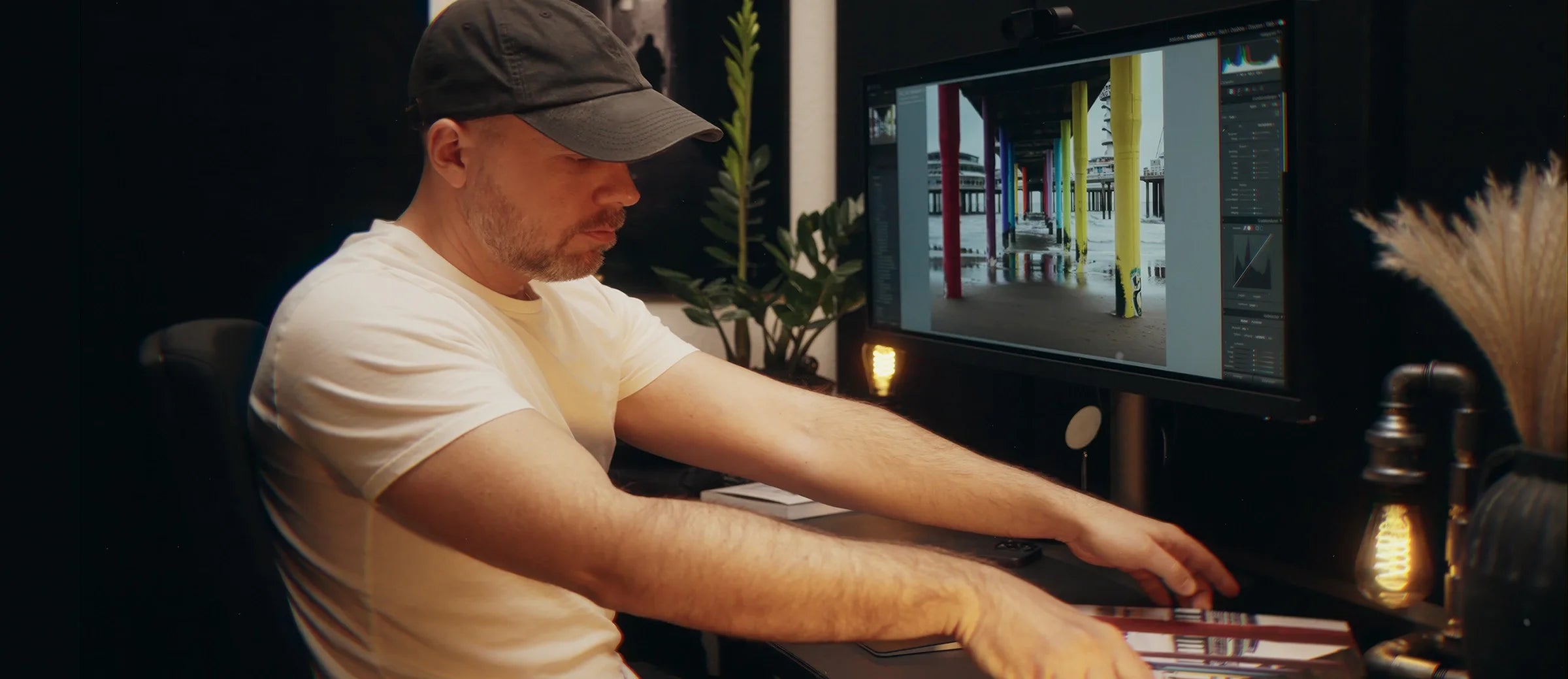 Photographer seated at his desk, reaching for a fine art print while the same image appears on the monitor in a photo editing program — a quiet, reflective moment in the creative process.
