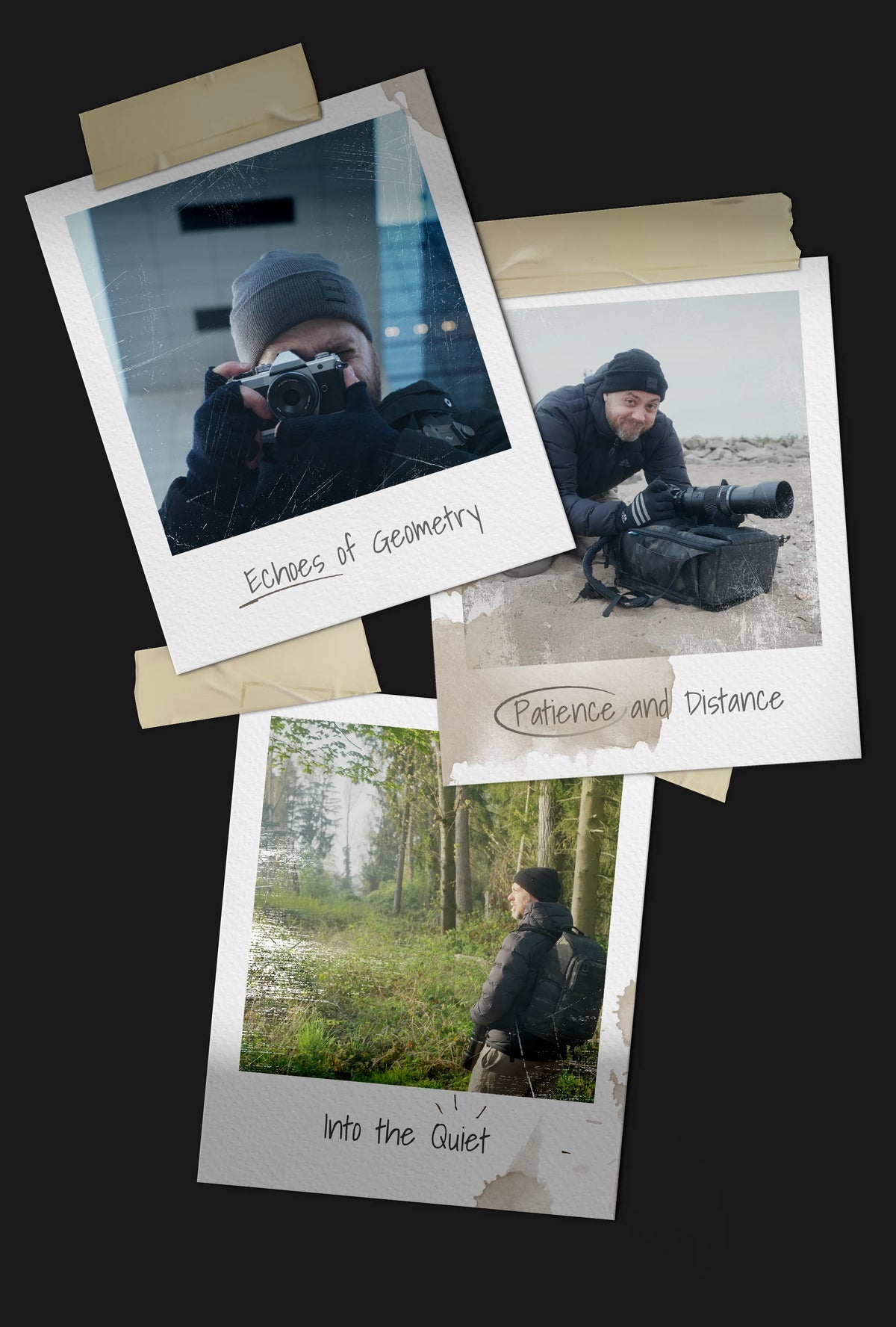 Polaroid-Collage mit Momenten hinter Dustlight Archive — Fotografie, Film und stille Beobachtungen unterwegs.